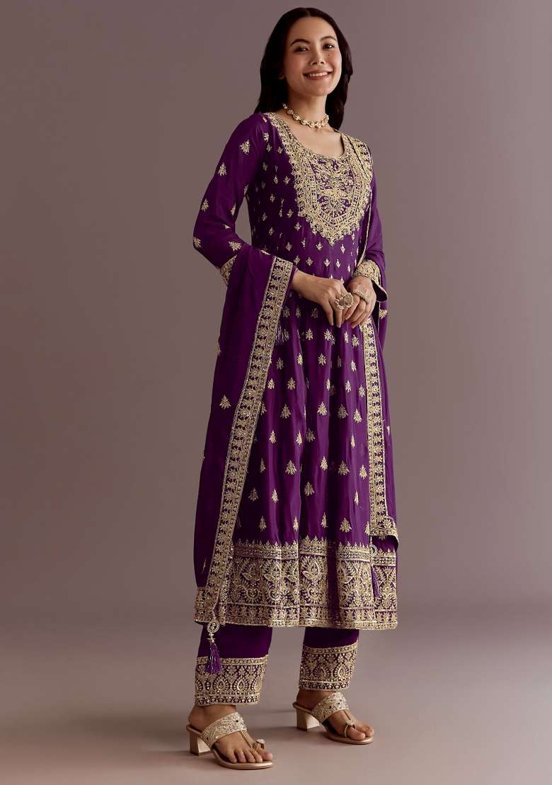 Wine Thread Work Chinon Salwar Kameez - Indya