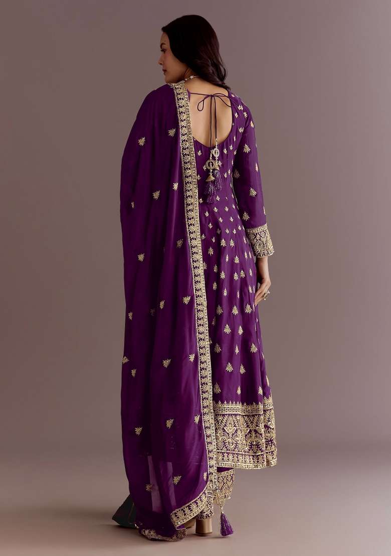 Wine Thread Work Chinon Salwar Kameez - Indya