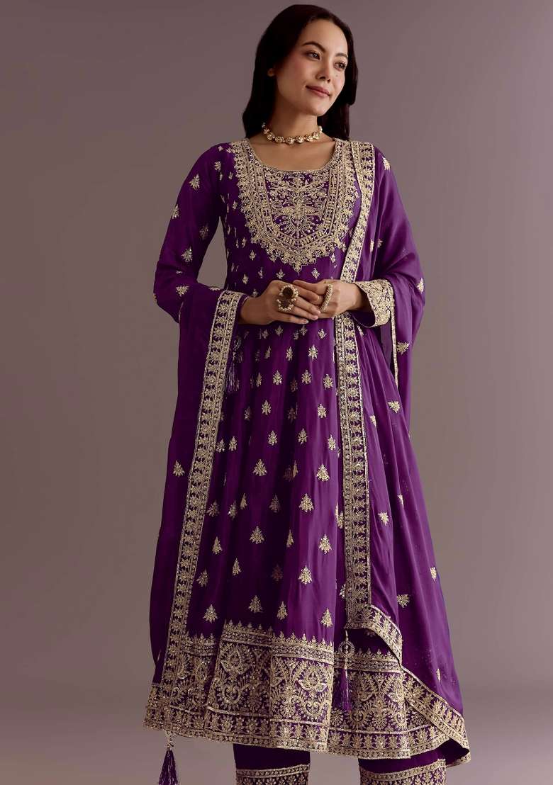 Wine Thread Work Chinon Salwar Kameez - Indya