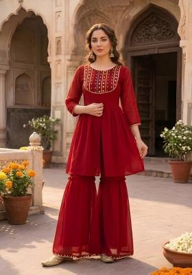 Red Embroidered Georgette Kurta Set