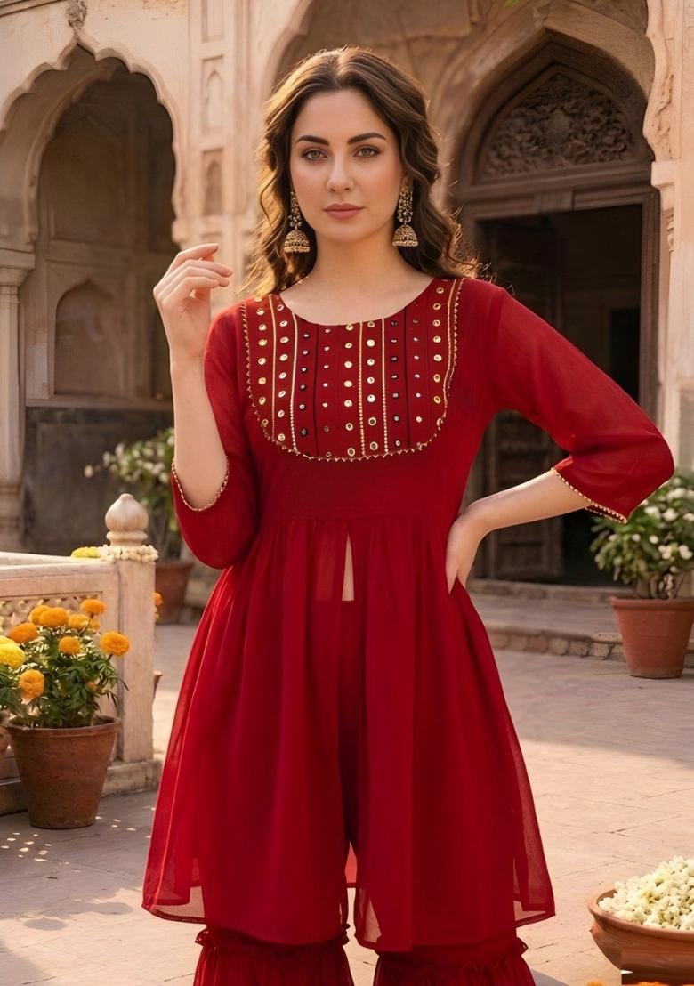 Red Embroidered Georgette Kurta Set - Indya