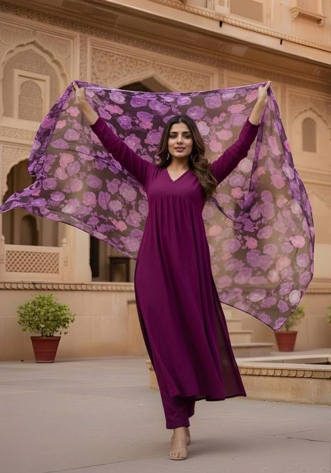 Wine Solid Rayon Kurta Set