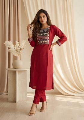 Red Printed Silk Kurta Set