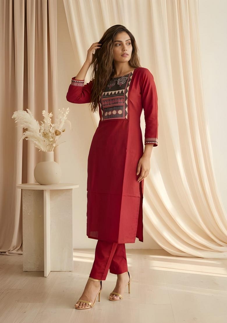 Red Printed Silk Kurta Set - Indya