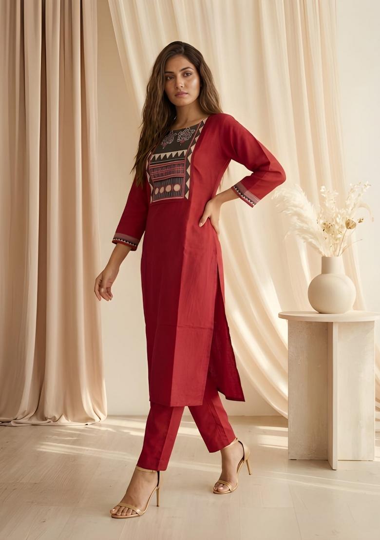 Red Printed Silk Kurta Set - Indya