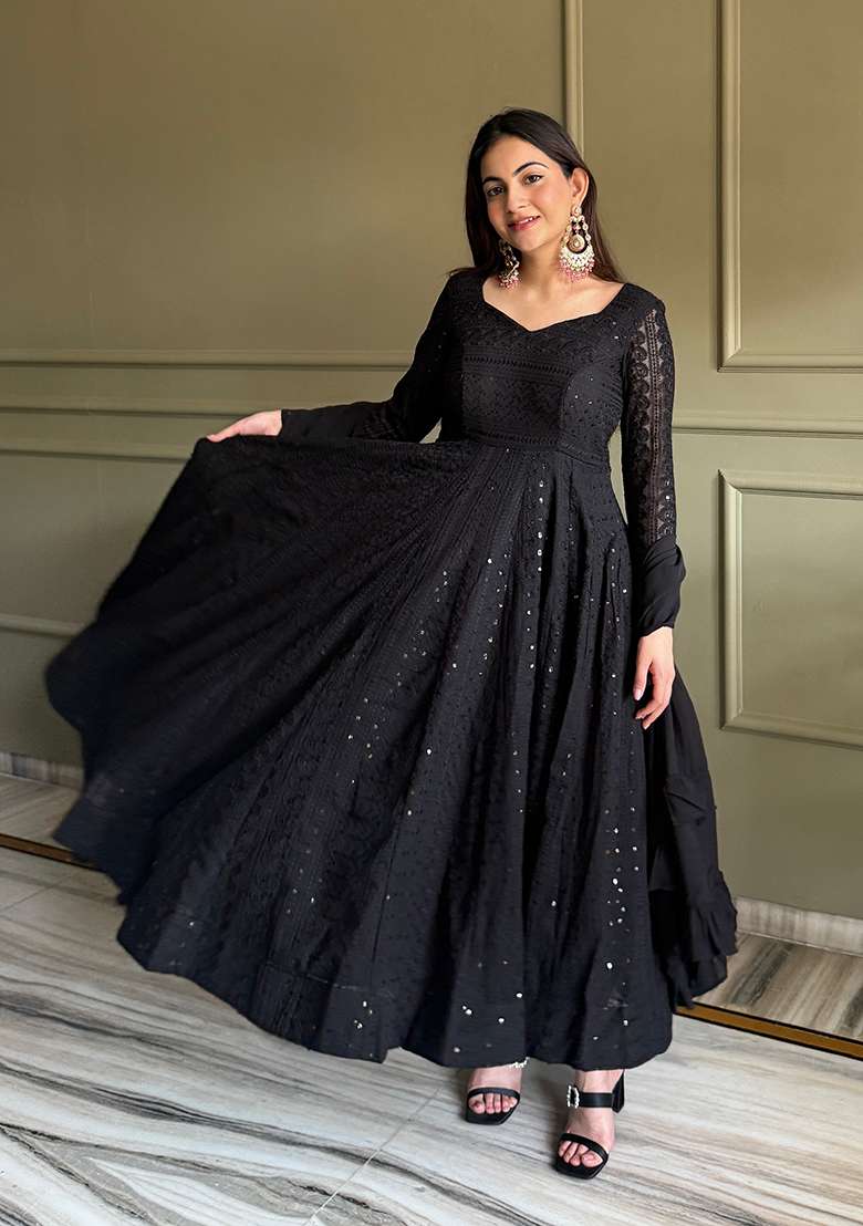 Black Sequin Work Georgette Kurta Set - Indya