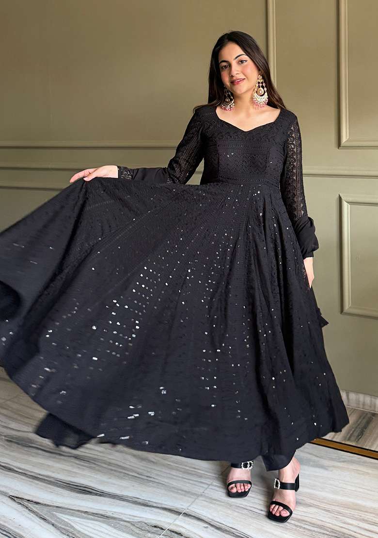 Black Sequin Work Georgette Kurta Set - Indya