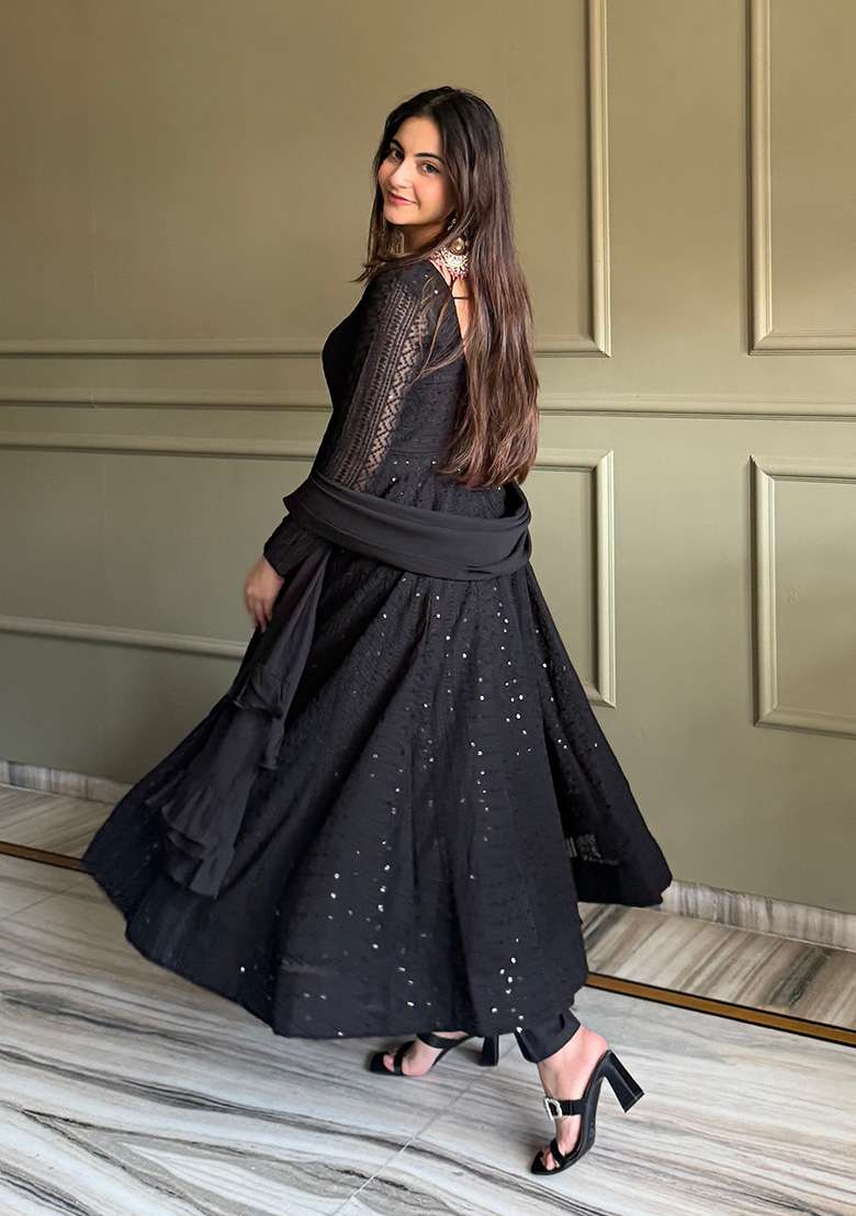 Black Sequin Work Georgette Kurta Set - Indya