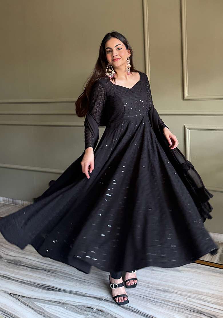 Black Sequin Work Georgette Kurta Set - Indya