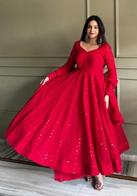 Red Sequin Work Georgette Kurta Set