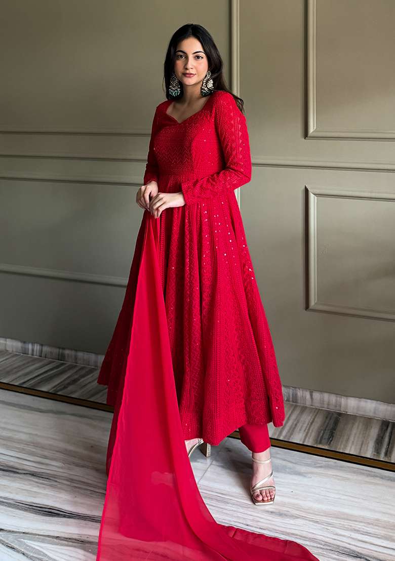 Red Sequin Work Georgette Kurta Set - Indya