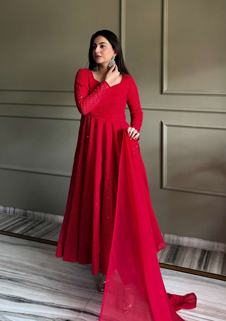 Red Sequin Work Georgette Kurta Set - Indya