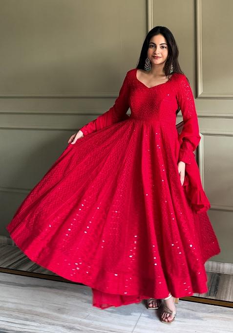 Red Sequin Work Georgette Kurta Set
