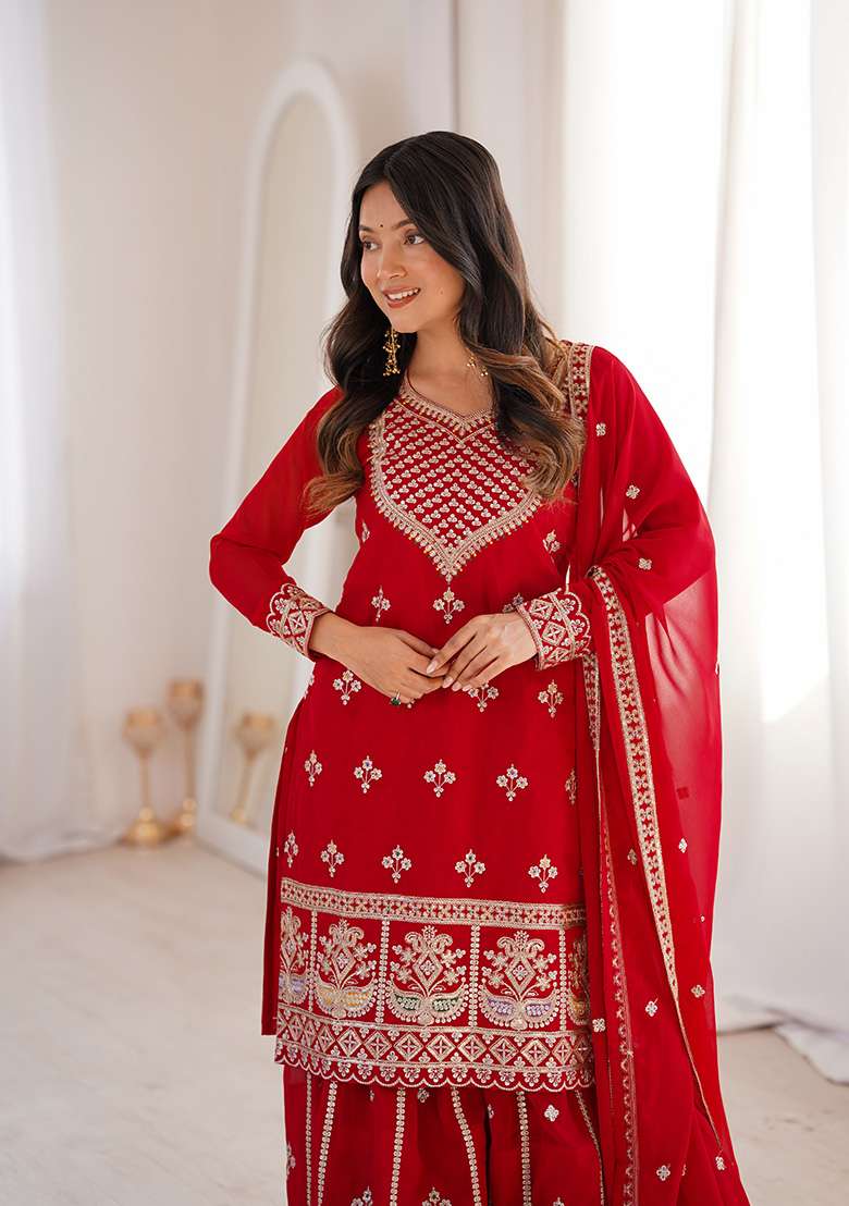 Maroon Embroidered Georgette Kurta Set - Indya
