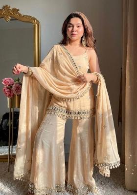 Nude Embroidered Silk Blend Kurta Set