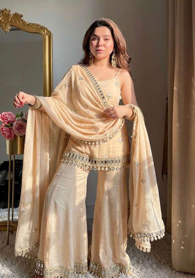 Nude Embroidered Silk Blend Kurta Set - Indya