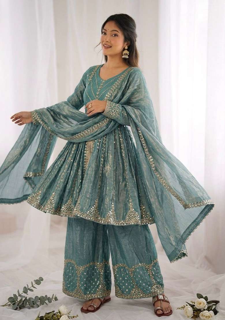 Teal Blue Embroidered Silk Blend Kurta Set - Indya