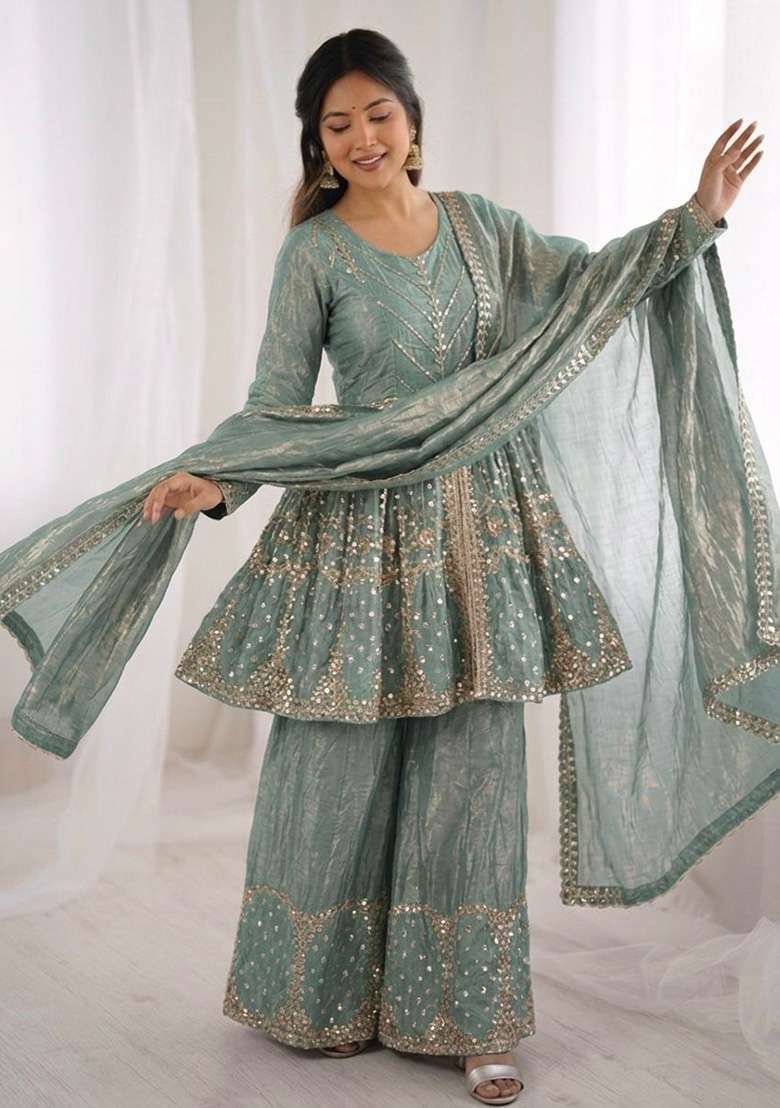 Teal Blue Embroidered Silk Blend Kurta Set - Indya