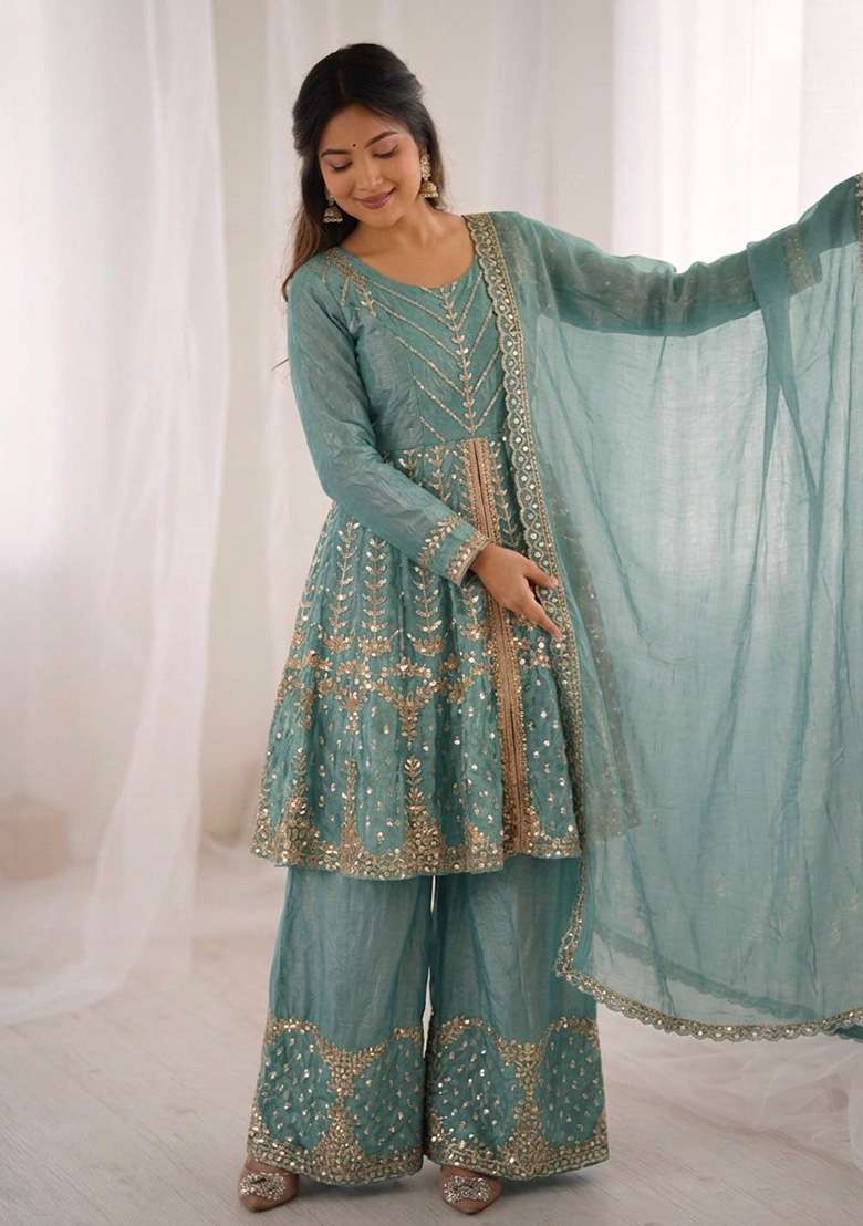 Teal Blue Embroidered Silk Blend Kurta Set - Indya
