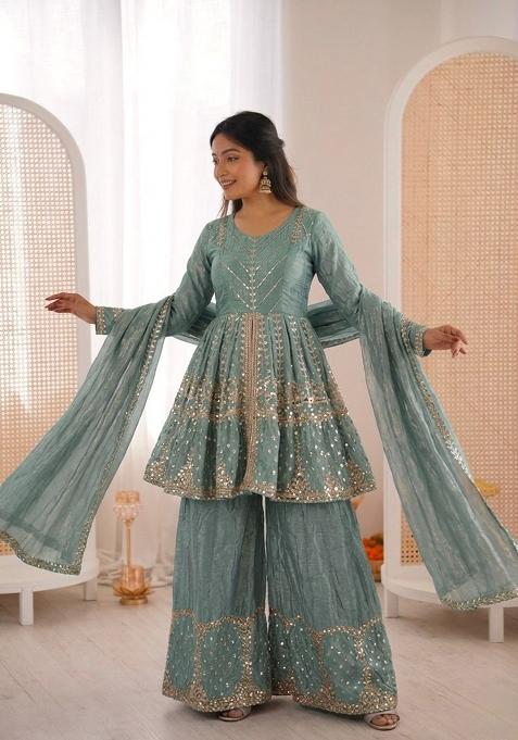 Teal Blue Embroidered Silk Kurta Set