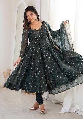 Green Lace Work Silk Kurta Set