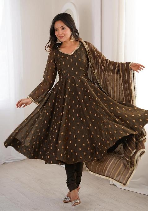 Coffee Lace Work Silk Kurta Set