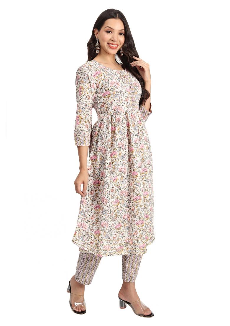 Pink Printed Cotton Kurta Set - Indya