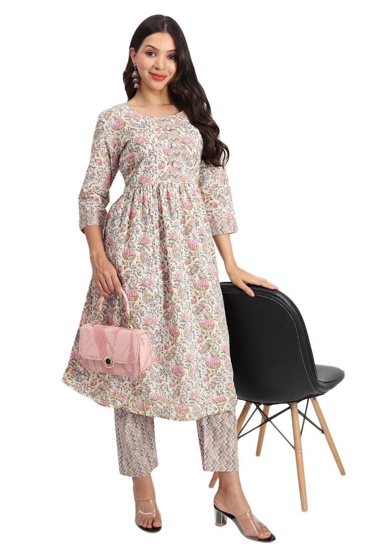 Pink Printed Cotton Kurta Set - Indya
