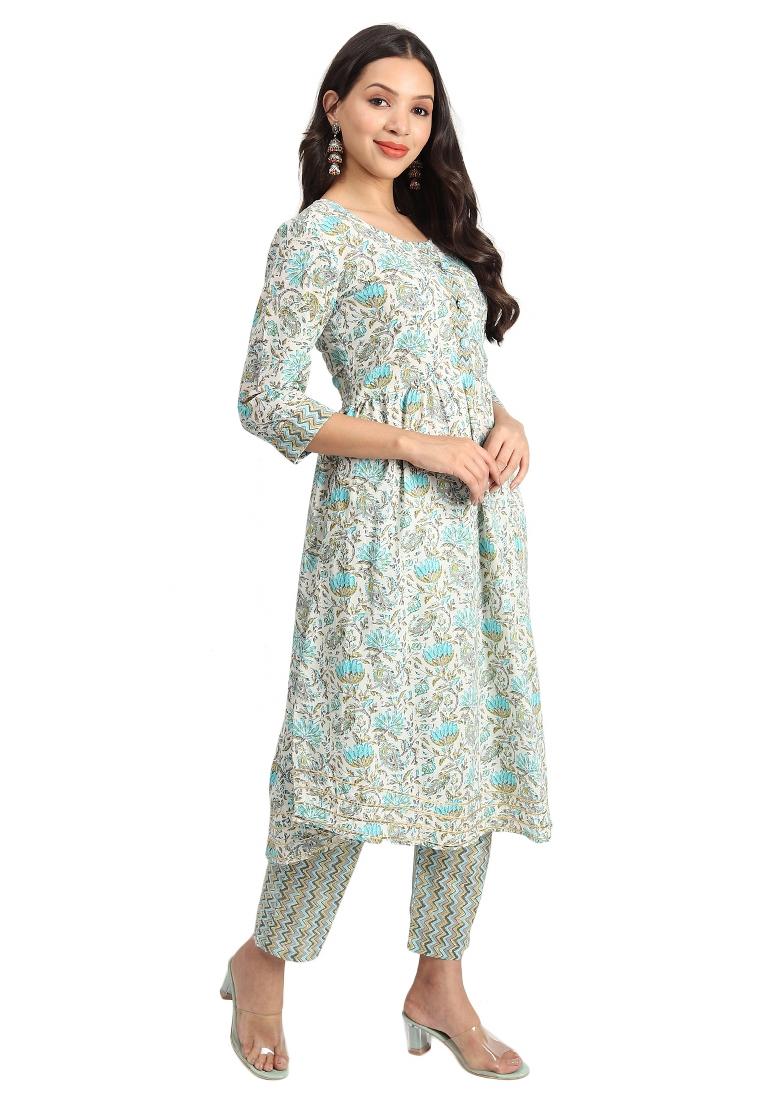 Blue Printed Cotton Kurta Set - Indya
