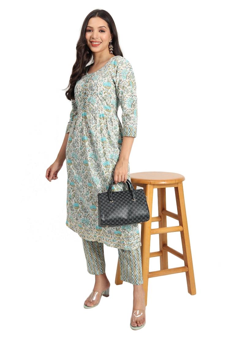Blue Printed Cotton Kurta Set - Indya