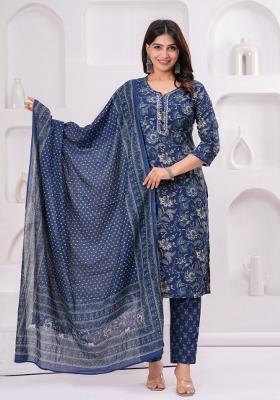 Blue Printed Cotton Kurta Set