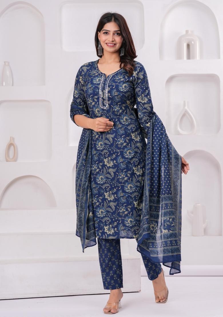 Blue Printed Cotton Kurta Set - Indya