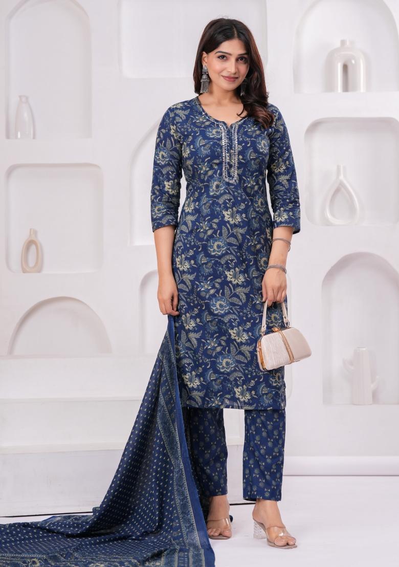 Blue Printed Cotton Kurta Set - Indya