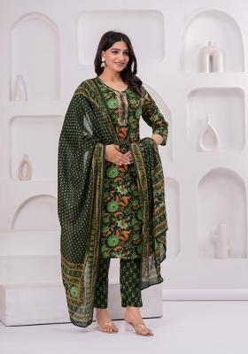 Green Printed Cotton Kurta Set