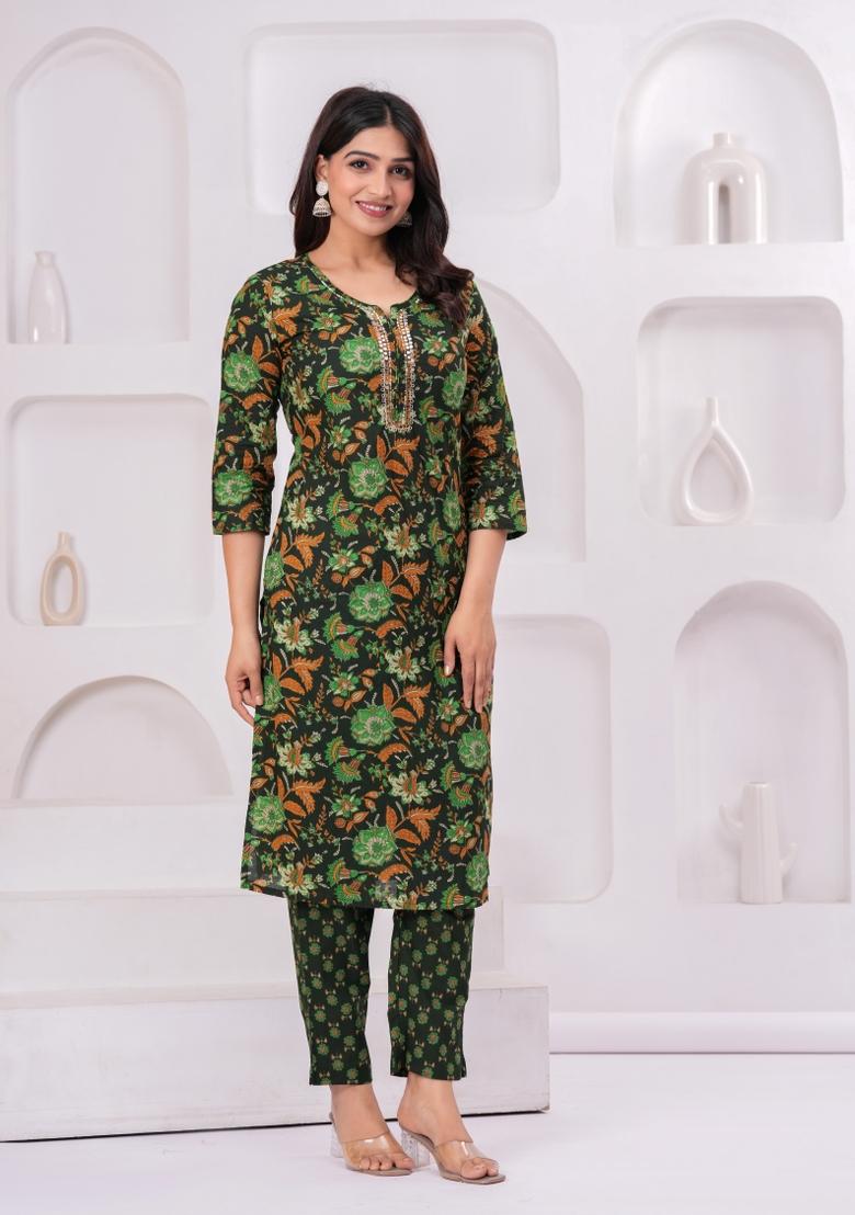 Green Printed Cotton Kurta Set - Indya