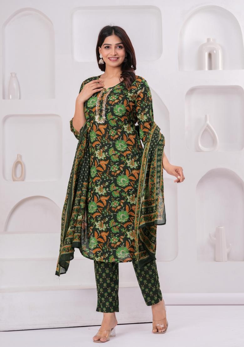 Green Printed Cotton Kurta Set - Indya