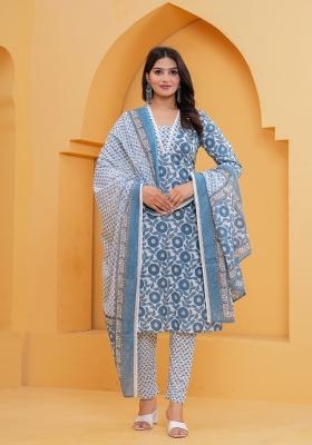 Blue Printed Cotton Kurta Set