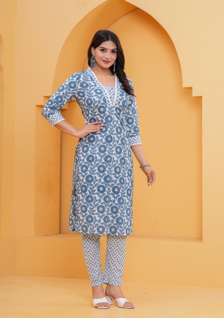 Blue Printed Cotton Kurta Set - Indya