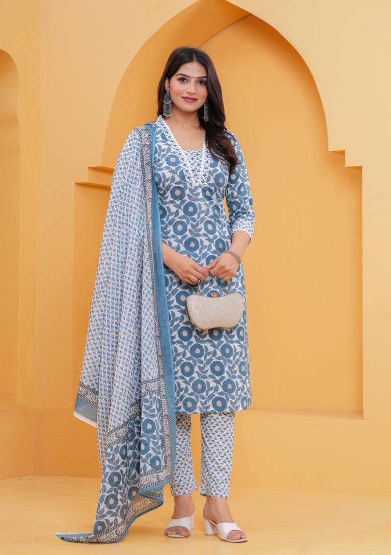 Blue Printed Cotton Kurta Set - Indya