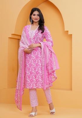 Pink Printed Cotton Kurta Set