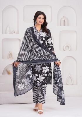 Black Printed Cotton Kurta Set