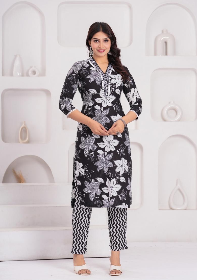 Black Printed Cotton Kurta Set - Indya