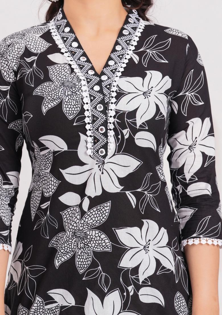 Black Printed Cotton Kurta Set - Indya