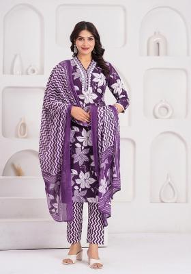 Purple Printed Cotton Kurta Set