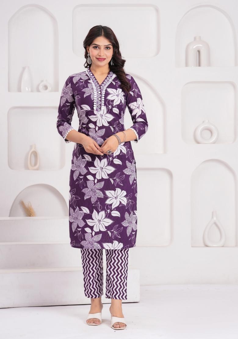 Purple Printed Cotton Kurta Set - Indya
