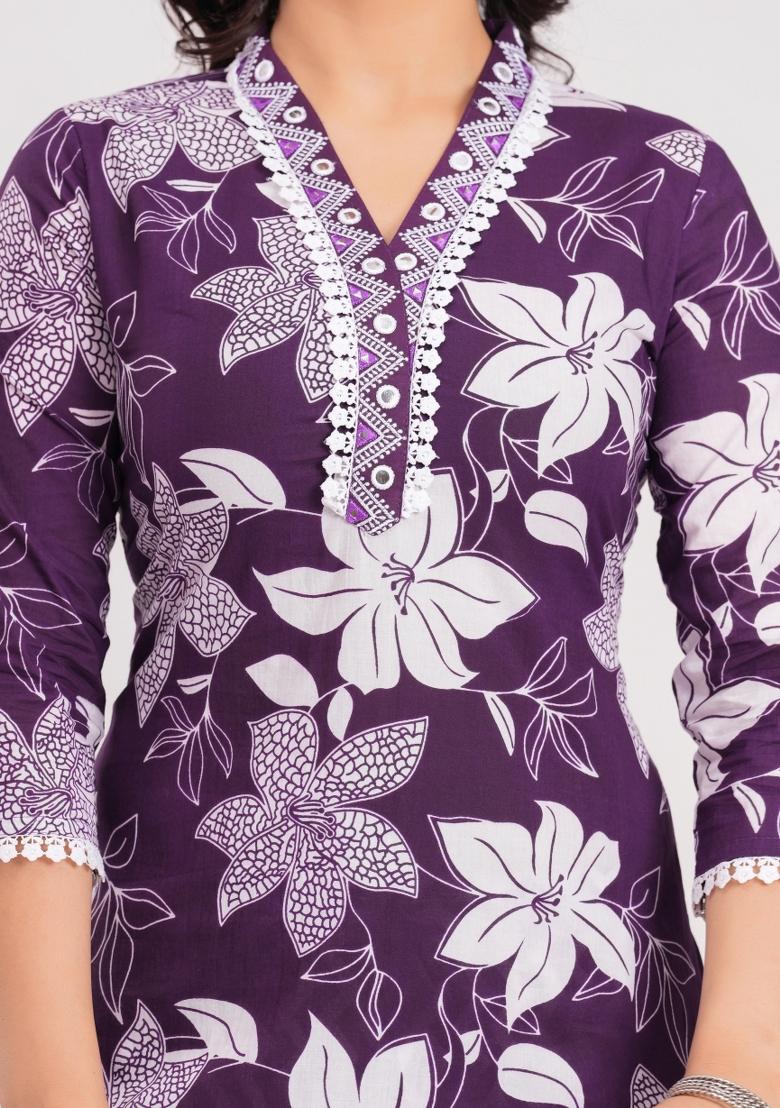 Purple Printed Cotton Kurta Set - Indya