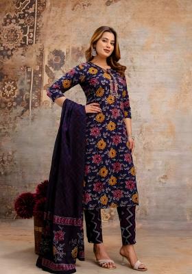 Blue Printed Cotton Kurta Set