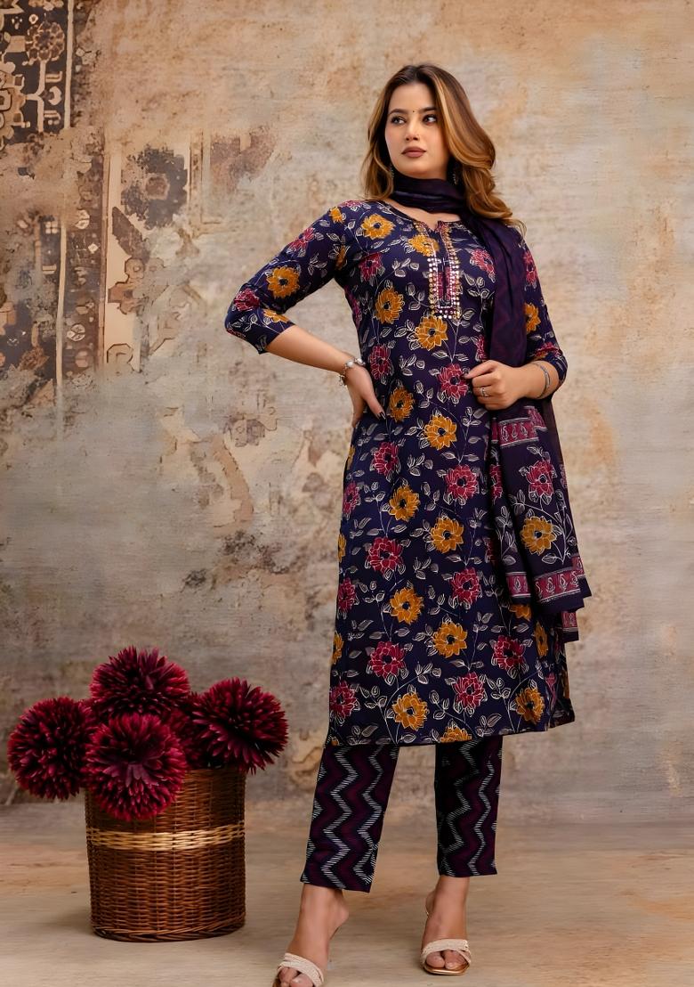 Blue Printed Cotton Kurta Set - Indya