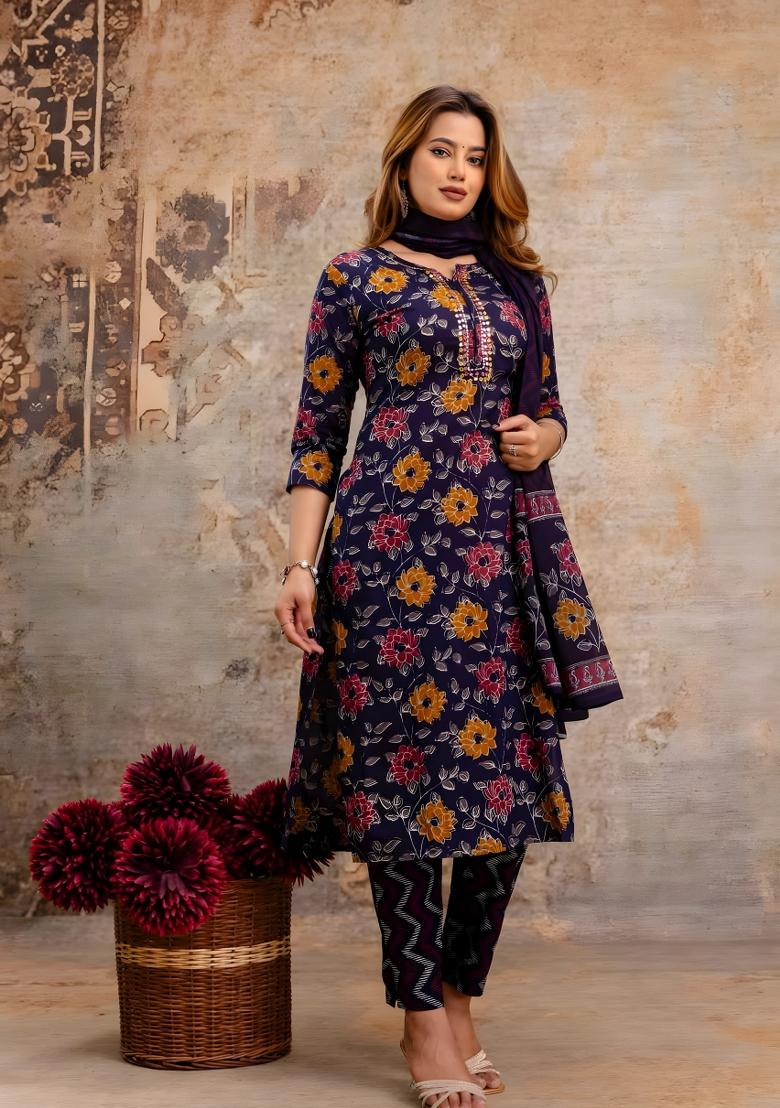 Blue Printed Cotton Kurta Set - Indya