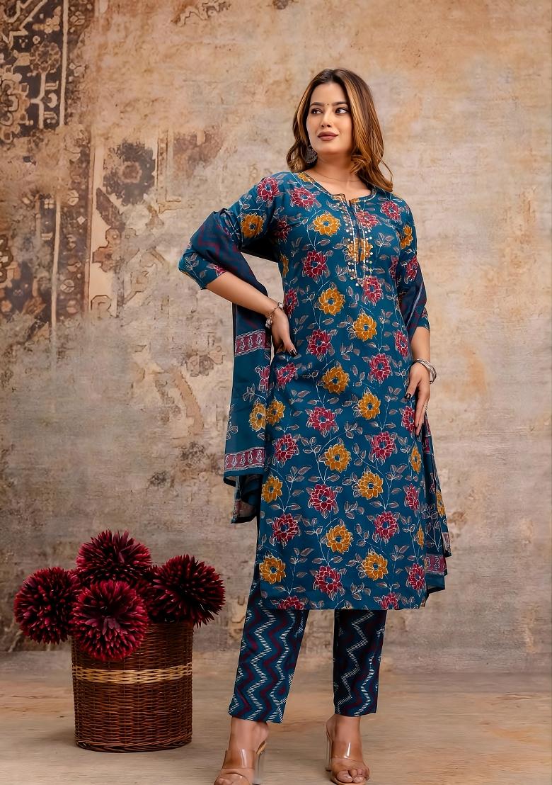 Green Printed Cotton Kurta Set - Indya
